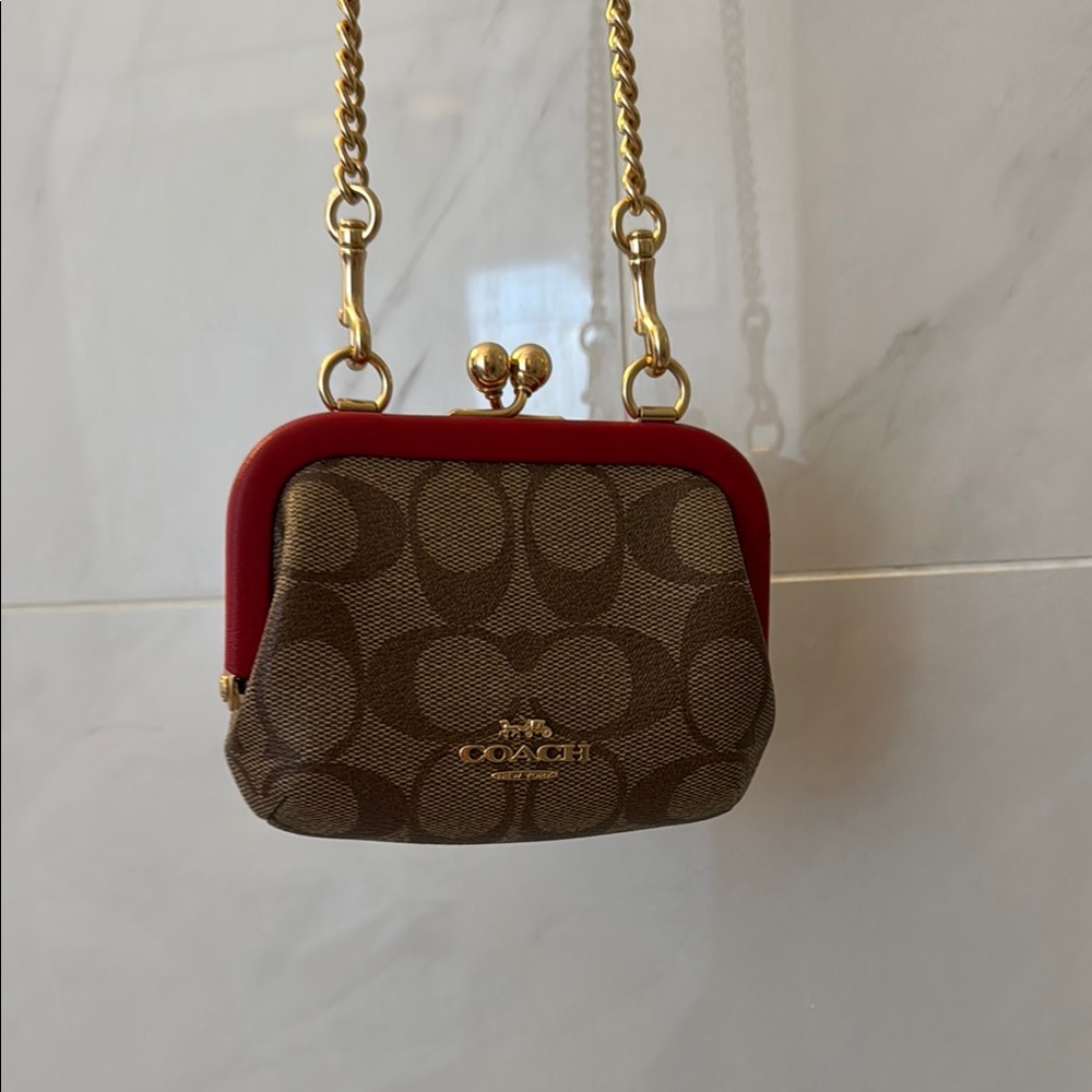 Coach Mini Bag in Brown and Red with Signature Monogram